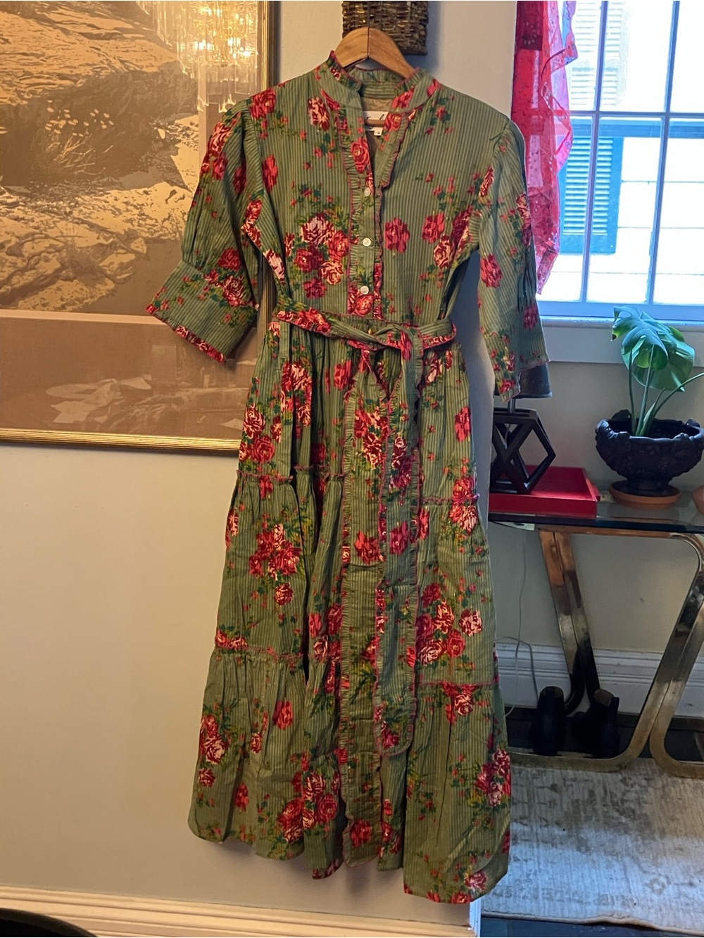 Green Floral Midi Dress with Self Tie Belt - Picture 5 of 5